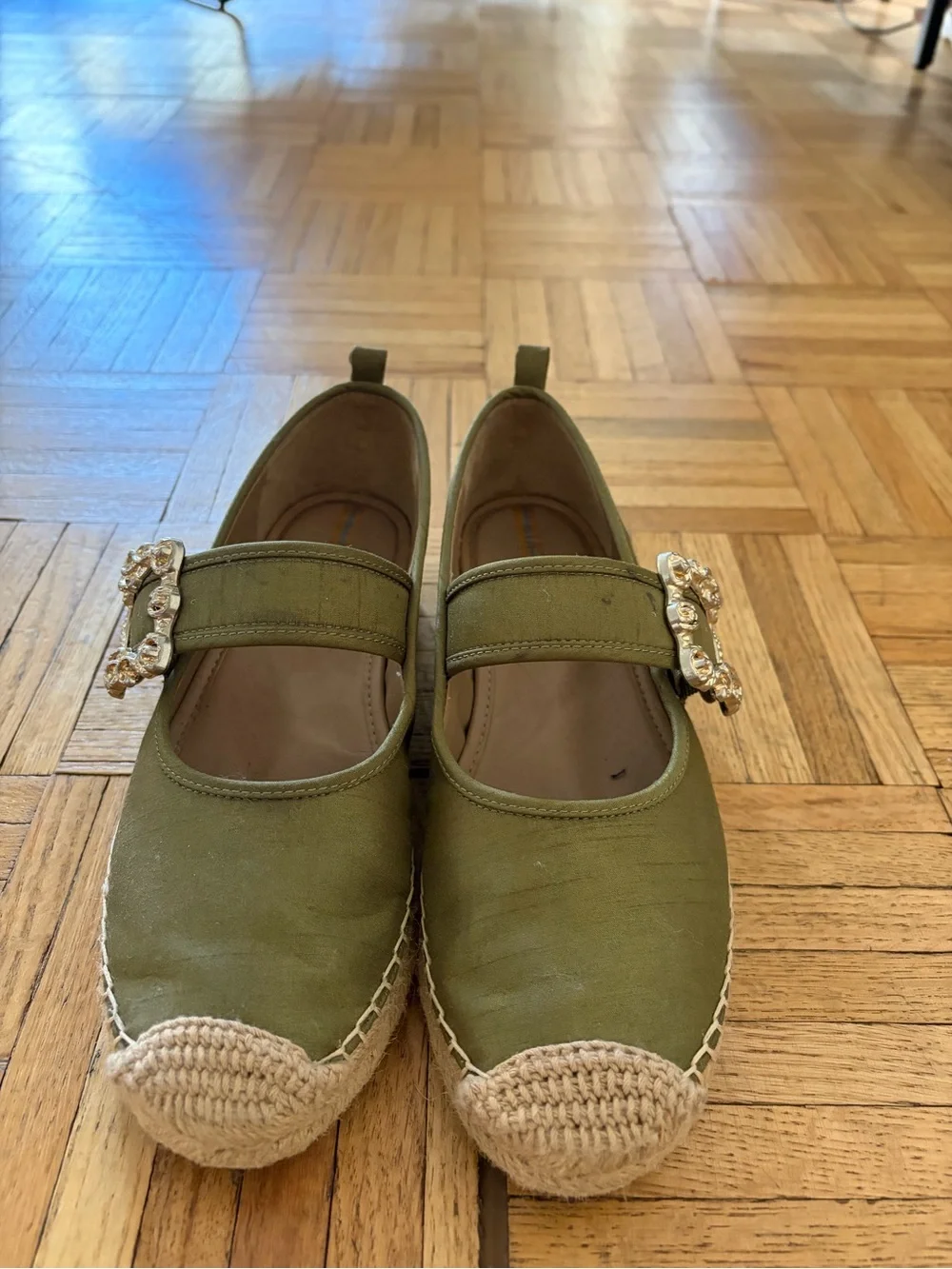 Sam Edelman Olive Green Espadrille Mary Janes with Decorative Gold Buckle